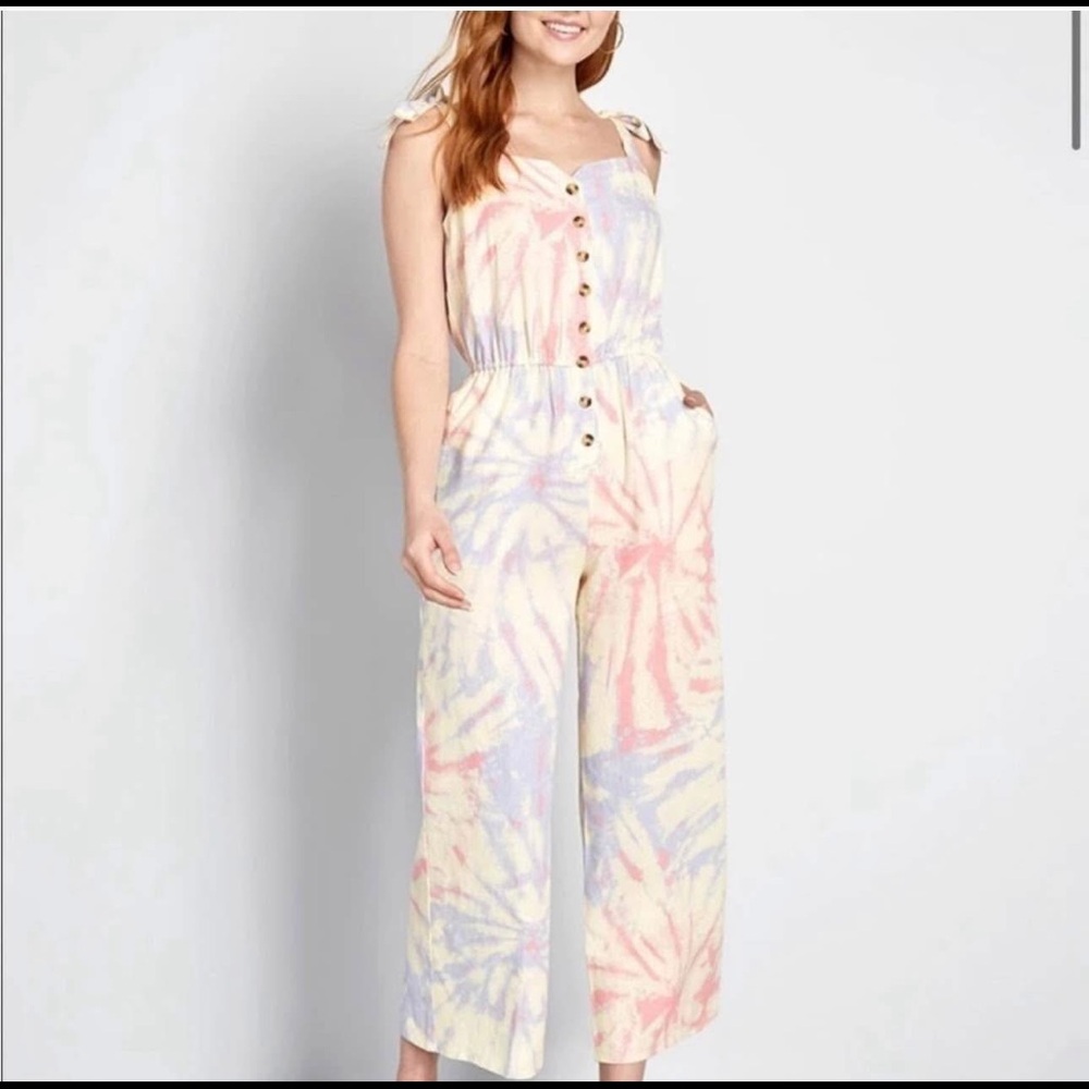NWOT Modcloth Pink and Blue Artistic Jumpsuit Sleeveless Wide Leg